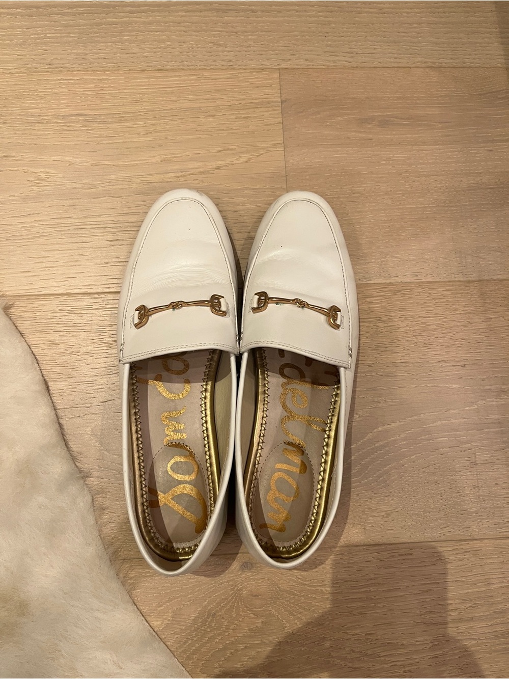 Sam Edelman White Leather Loafers with Gold Horsebit